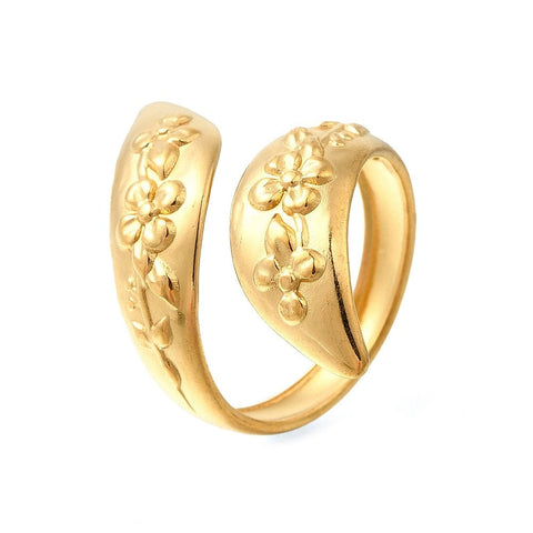 BeadsBalzar Beads & Crafts 18K Gold Plated 304 Stainless Steel Open Cuff Rings – Elegant Flower Pattern, Adjustable Design