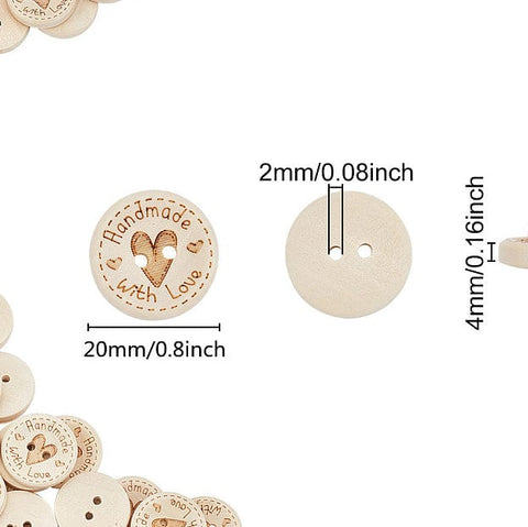 BeadsBalzar Beads & Crafts 2-Hole Wooden Buttons – Round, Engraved "Handmade with Love" for Sewing & DIY Crafts