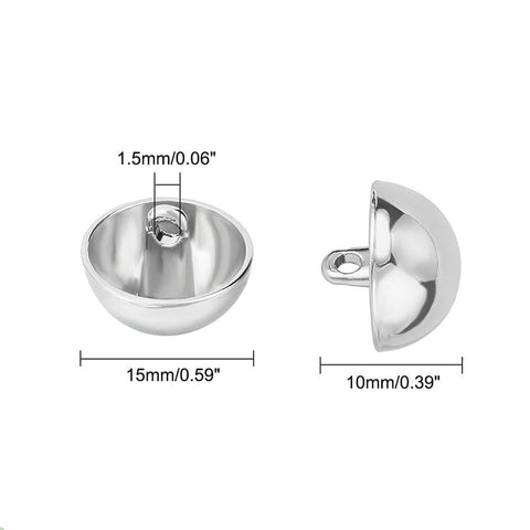 BeadsBalzar Beads & Crafts Alloy Shank Buttons, 1-Hole, Dome/Half Round, Stainless Steel Color, 15x10mm