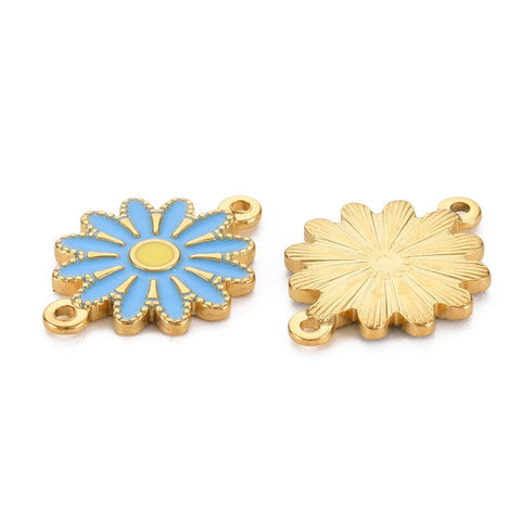 BeadsBalzar Beads & Crafts BLUE / GOLD (SF8787B) (SF8787-X) 304 Stainless Steel Enamel Links, Ion Plating(IP), Golden, Flower 21mm (2 PCS)