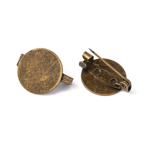 BeadsBalzar Beads & Crafts Brass Brooch Cabochon Settings, Flat Round, Antique Bronze 15x19mm