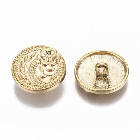 BeadsBalzar Beads & Crafts Brass Shank Buttons, Flat Round with Flower, Real 18K Gold Plated 17mm