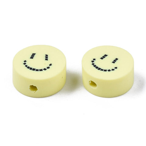BeadsBalzar Beads & Crafts (CB9183-031) Polymer Clay Beads, Flat Round with Smiling Face, Champagne Yellow, 9x4~5mm (30 PCS)