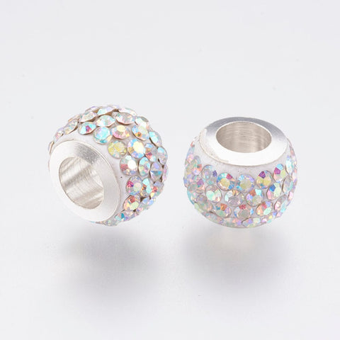 BeadsBalzar Beads & Crafts CRYSTAL AB (EB9090-10) (EB9090-X) 304 Stainless Steel European Beads, Large Hole Beads, Rondelle, 11x7.5mm (2 PCS)