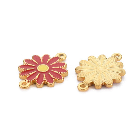 BeadsBalzar Beads & Crafts FIREBRICK RED / GOLD (SF8787C) (SF8787-X) 304 Stainless Steel Enamel Links, Ion Plating(IP), Golden, Flower 21mm (2 PCS)
