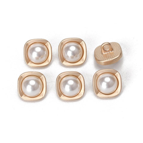 BeadsBalzar Beads & Crafts GOLDEN Alloy Shank Buttons, with Plastic Imitation Pearl Beads, Square, 10.5x10.5mm