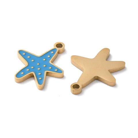 BeadsBalzar Beads & Crafts ION GOLD PLATED / BLUE Ion Plating(IP) 304 Stainless Steel Pendants, with Enamel, Starfish Charm, Golden 13x16mm
