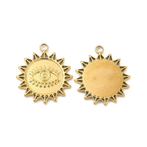 BeadsBalzar Beads & Crafts ION GOLD PLATED (SE9061-IG) (SE9061-X) 304 Stainless Steel Pendant, Flower with Evil Eye, 21.5x19x1.5mm (2 PCS)