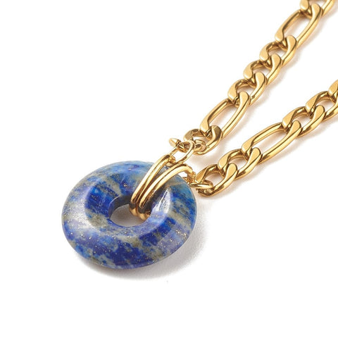 BeadsBalzar Beads & Crafts LAPIS (SN8916-04) (SN8916-X) Natural Donut Gemstone Necklace 304 Stainless Steel, Golden, (40.3cm)