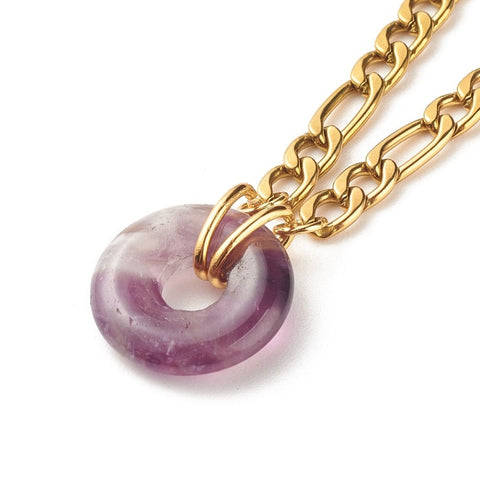 BeadsBalzar Beads & Crafts NAT.AMETHYST (SN8916-02) (SN8916-X) Natural Donut Gemstone Necklace 304 Stainless Steel, Golden, (40.3cm)