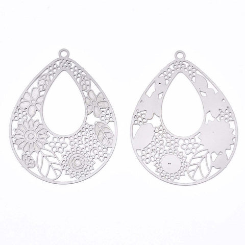 BeadsBalzar Beads & Crafts Non-Tarnish 304 Stainless Steel Filigree Pendants, Etched Metal Embellishments, Teardrop with Leaf 38mm