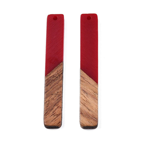 BeadsBalzar Beads & Crafts OPAQUE DARK RED (RR8783-B04) (RR8783-X) Resin & Walnut Wood Big Pendants, Rectangle Charm, 51.5x7.5x3mm (2 PCS)