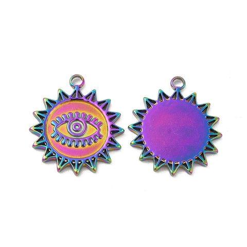 BeadsBalzar Beads & Crafts RAINBOW (SE9061-MC) (SE9061-X) 304 Stainless Steel Pendant, Flower with Evil Eye, 21.5x19x1.5mm (2 PCS)