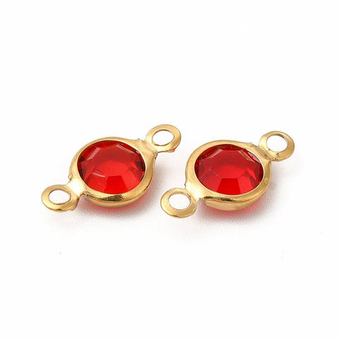 BeadsBalzar Beads & Crafts RED / ION GOLD PLATED 304 Stainless Steel with Glass Connector Charms, Flat Round Links, 12.5x7x2mm