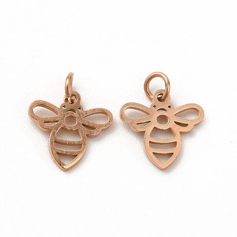 BeadsBalzar Beads & Crafts (SB8928-IRG) Ion Plating(IP) 304 Stainless Steel Bee, Rose Gold 8mm (2 PCS)