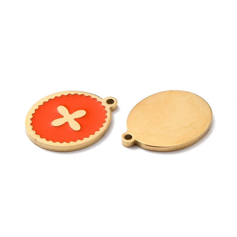 BeadsBalzar Beads & Crafts (SC8760R) Ion Plating(IP) 316 Surgical Stainless Steel Pendants, Enamel, Oval with Cross, Golden, Orange Red, 13mm (2 PCS)