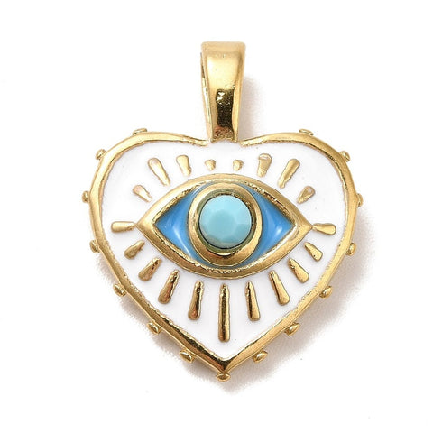 BeadsBalzar Beads & Crafts (SE8764G) Ion Plating(IP) 304 Stainless Steel Pendants, with Enamel, Golden, Heart with Eye, White, 22mm (2 PCS)