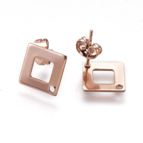 BeadsBalzar Beads & Crafts (SE9030-IRG) Ion Plating(IP) 304 Stainless Steel Stud Earring, Square/Rhombus, Rose Gold 13.5mm (1 PAIR)