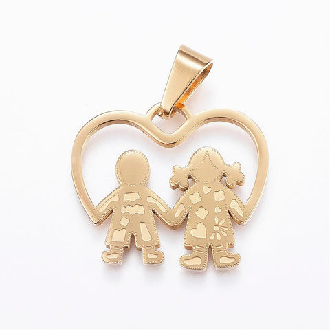 BeadsBalzar Beads & Crafts (SP8816-G) 304 Stainless Steel Pendants, Girl and Boy, Golden 24x27.5mm (1 PC)