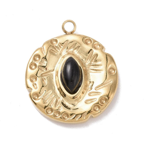 BeadsBalzar Beads & Crafts (SP8888-09G) 304 Stainless Steel Pendant, Flat Round with Eye, Black, 17x15x4.5mm (1 PC)
