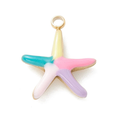 BeadsBalzar Beads & Crafts (SS8768M) Ion Plating(IP) 304 Stainless Steel Enamel Charms, Golden, Starfish, Colorful, 14x12x3mm (2 PCS)