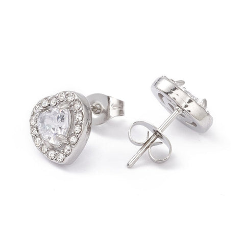 BeadsBalzar Beads & Crafts STAINLESS STEEL (SH8674-03P) (SH8674-03G) Cubic Zirconia Heart Stud Earrings, Ion Plating(IP) 304 Stainless Steel, Crystal (10mm) (1 PAIR)