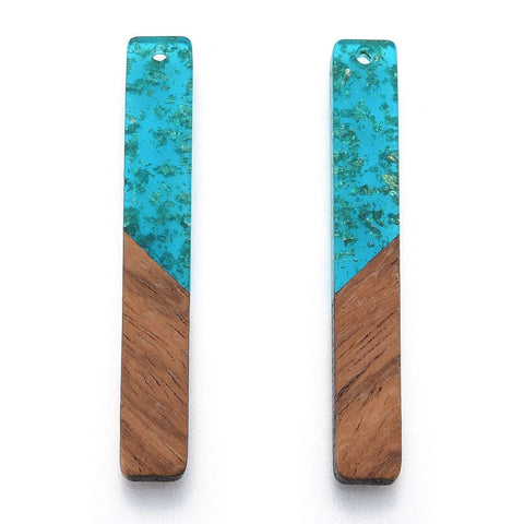 BeadsBalzar Beads & Crafts TRANSPARENT MEDIUM TURQUOISE WITH GOLD FOIL (RR8783-A04) (RR8783-X) Resin & Walnut Wood Big Pendants, Rectangle Charm, 51.5x7.5x3mm (2 PCS)