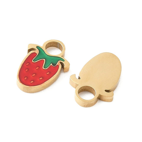 BeadsBalzar Craft Store 10.5x7x1mm 304 Stainless Steel Strawberry Enamel Charms, Ion Plated, Golden