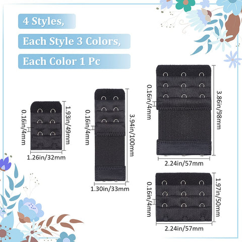 BeadsBalzar Craft Store 12Pcs Women’s Bra Extenders – 12 Styles, Polyester with Iron Hooks & Loops, Rectangle, Mixed Colors