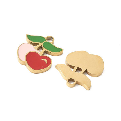 BeadsBalzar Craft Store 304 Stainless Steel Enamel Charms, Ion Plated, Golden, Cherry 15mm