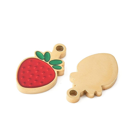 BeadsBalzar Craft Store 304 Stainless Steel Enamel Charms, Ion Plated Golden, Strawberry