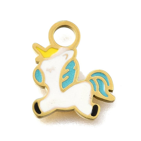 BeadsBalzar Craft Store 304 Stainless Steel Enamel Charms, Ion Plating(IP), Real 14K Gold Plated, Unicorn Charm, White