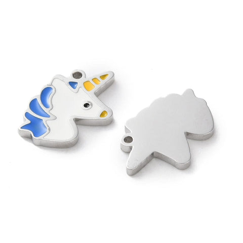 BeadsBalzar Craft Store 304 Stainless Steel Enamel Charms, Unicorn Charm, Cornflower Blue