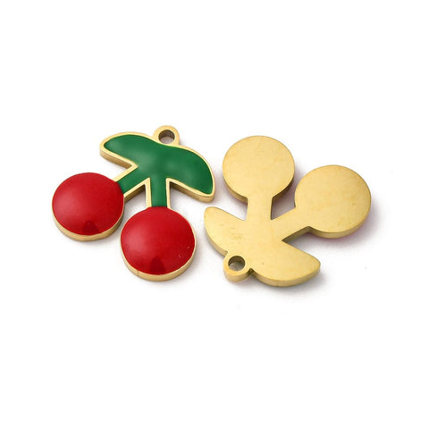 BeadsBalzar Craft Store 304 Stainless Steel Enamel Fruit Charms, Ion Plated, Golden, Cherry 15x15mm