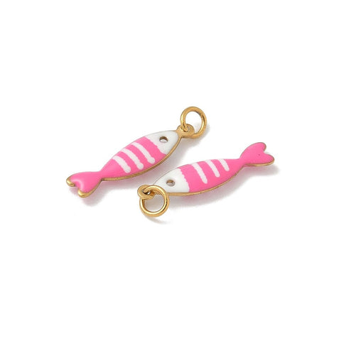 BeadsBalzar Craft Store 304 Stainless Steel Enamel Pendants, Fish Charm, with Jump Ring, Ion Plated 18.5x5mm