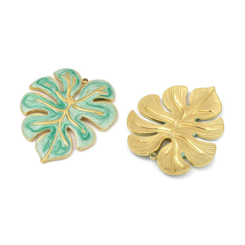 BeadsBalzar Craft Store 304 Stainless Steel Enamel Pendants, Ion Plated, Monstera Leaf Charms 37x33mm