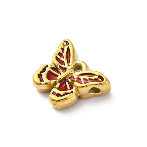 BeadsBalzar Craft Store 304 Stainless Steel Enamel Pendants, Ion Plated, Real 18K Gold Plated, Butterfly, Red
