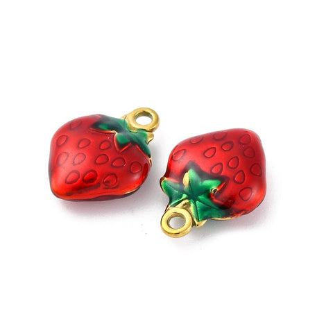 BeadsBalzar Craft Store 304 Stainless Steel Enamel Pendants, Ion Plated Strawberry pendant charm 15mm