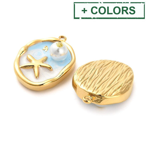 BeadsBalzar Craft Store 304 Stainless Steel Enamel Pendants, with Glitter Powder and ABS Imitation Pearl 23.5mm
