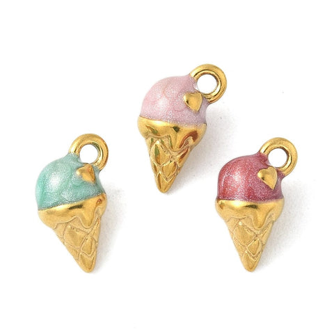 BeadsBalzar Craft Store 304 Stainless Steel Ice Cream Enamel Charms – Golden, Random Colors, 11x6mm | Cute Charms
