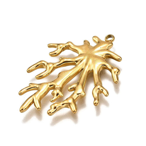 BeadsBalzar Craft Store 304 Stainless Steel Pendants, Coral Branch Charm, Real 18K Gold Plated