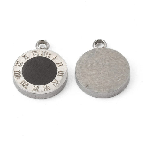 BeadsBalzar Craft Store Fashion 304 Stainless Steel Enamel Charms, Flat Round with Black Roman Numerals