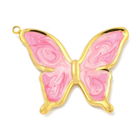 BeadsBalzar Craft Store FLAMINGO PINK Ion Plated 304 Stainless Steel Pendants, with Enamel, Real 18K Gold Plated, Butterfly Charm