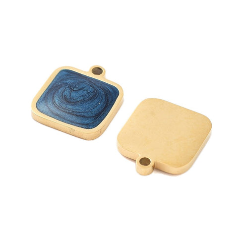 BeadsBalzar Craft Store Ion Plated 304 Stainless Steel Enamel Charms, Square Charm, Marine Blue, Golden
