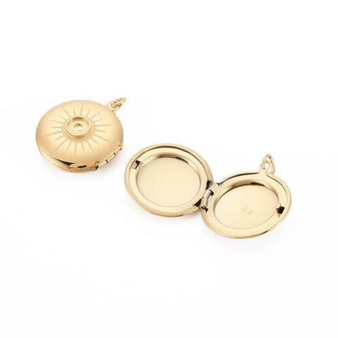 BeadsBalzar Craft Store IP Gold 304 Stainless Steel Flat Round Locket Pendants with Enamel Settings – With Jump Rings – 23x20x6.5mm