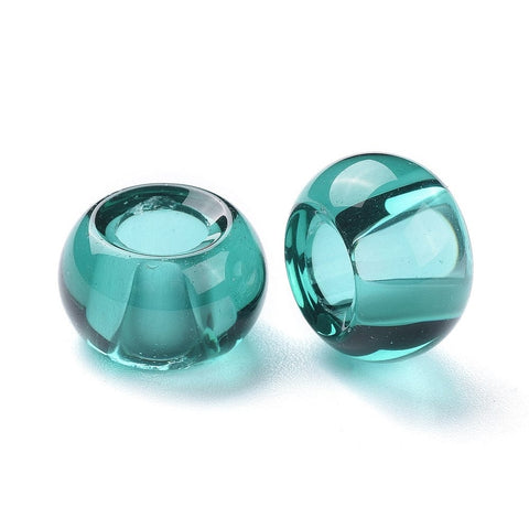 BeadsBalzar Craft Store TEAL Glass European Beads, Large Hole Beads, Rondelle 14-15mm