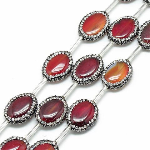 BeadsBalzar Beads & Crafts (BG5216F) Natural Agate Rhinestone Beads, Dyed, Oval, DarkRed