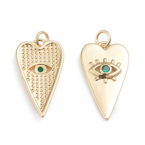 BeadsBalzar Beads & Crafts GOLD / GREEN (GQH8018-01A) (GQH8018-X) Brass Micro Pave Cubic Zirconia Heart with Evil Eye,13.5x24.5mm (1 PC)