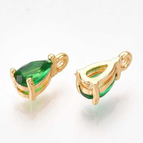 BeadsBalzar Beads & Crafts (GQ7612-02) Brass Cubic Zirconia Charms, Drop, Green 7x4mm (2 PCS)