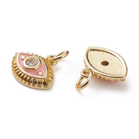 BeadsBalzar Beads & Crafts (GQE7983-A03) Brass Micro Pave Clear Cubic Zirconia, with Enamel, Eye, Misty Rose 12x10mm (2 PCS)